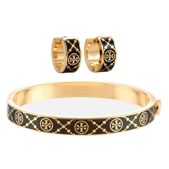Tory Burch Black and Gold T-Monogram Huggie Earrings and Bracelet Set - Picture 1 of 6